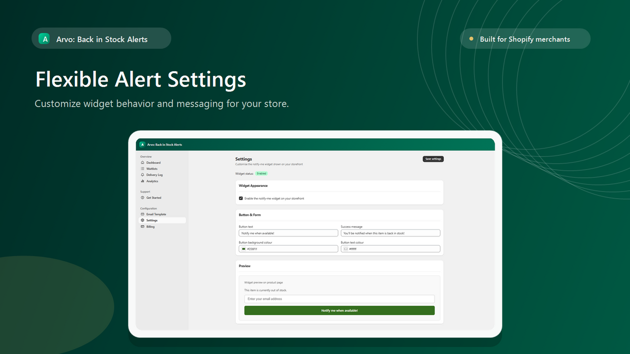 Back in stock alert settings for ecommerce brands