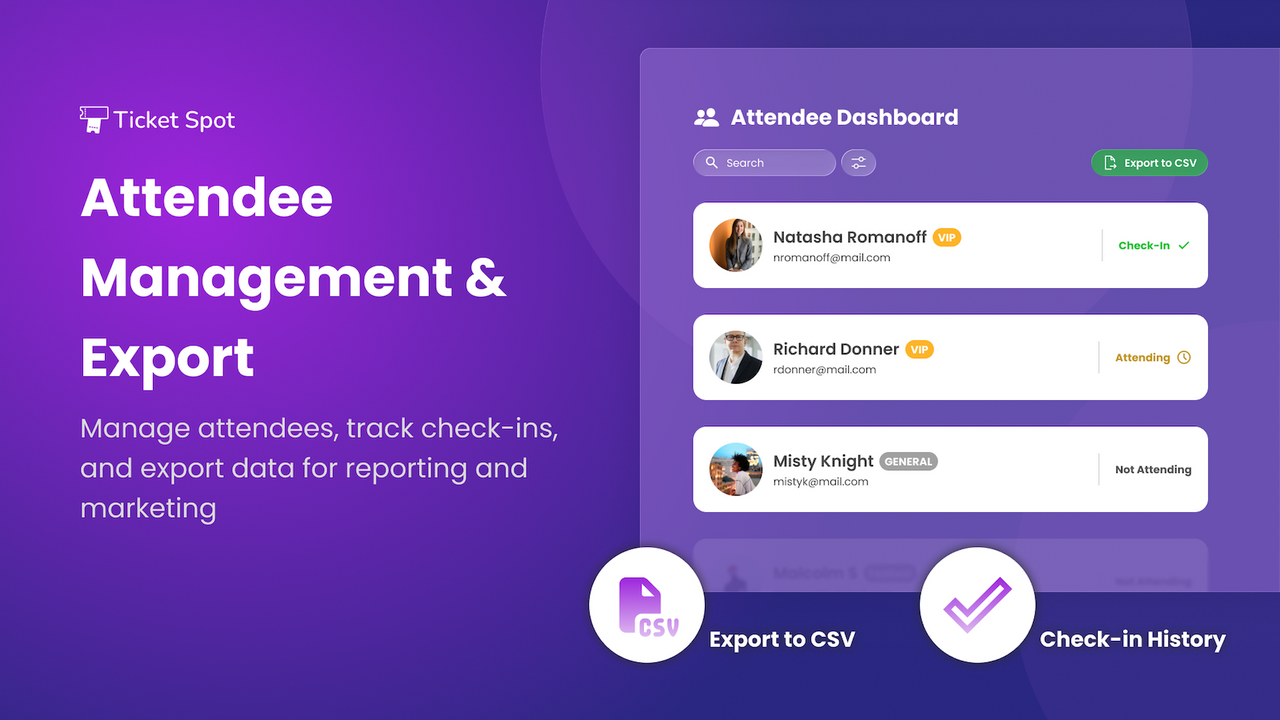 Manage attendees, track check-ins, and export data