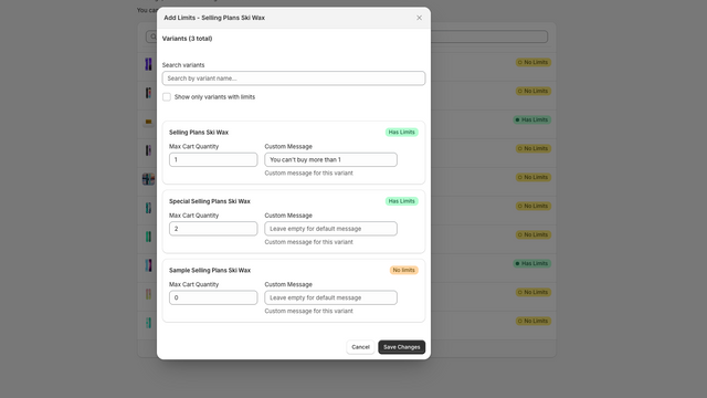 Variant Limits Modal
