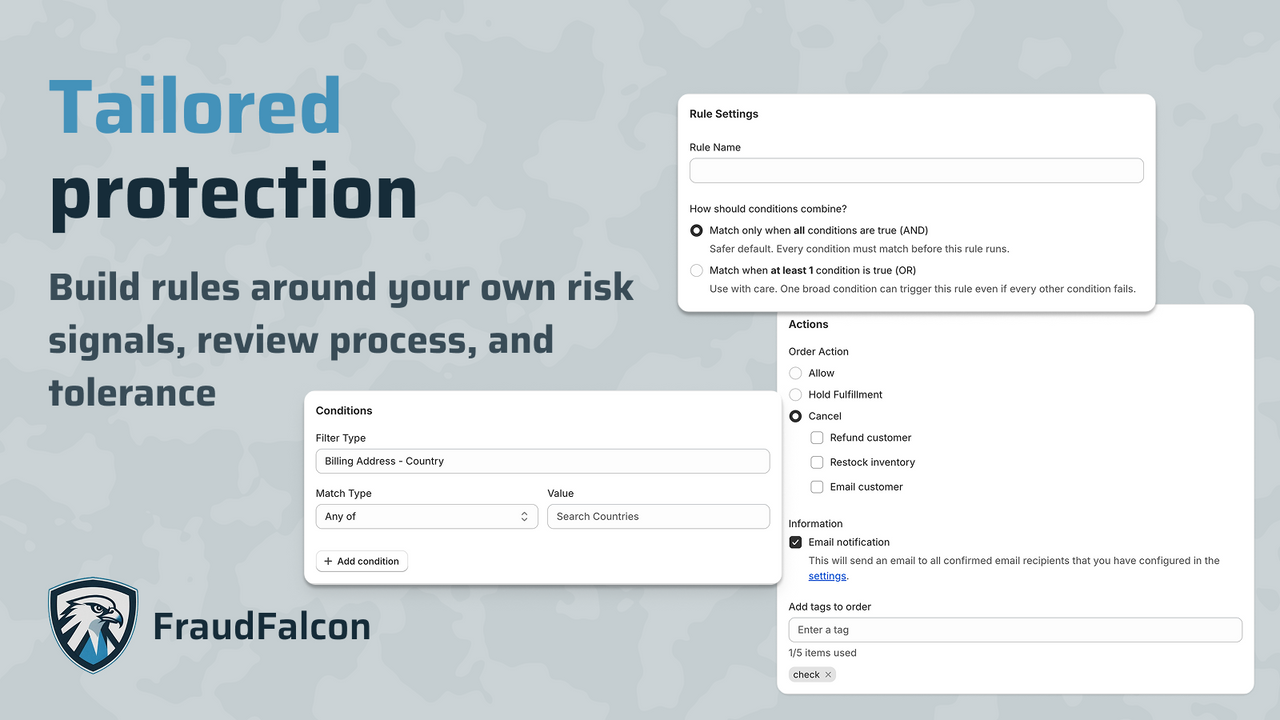 Custom fraud rules with tailored conditions and actions
