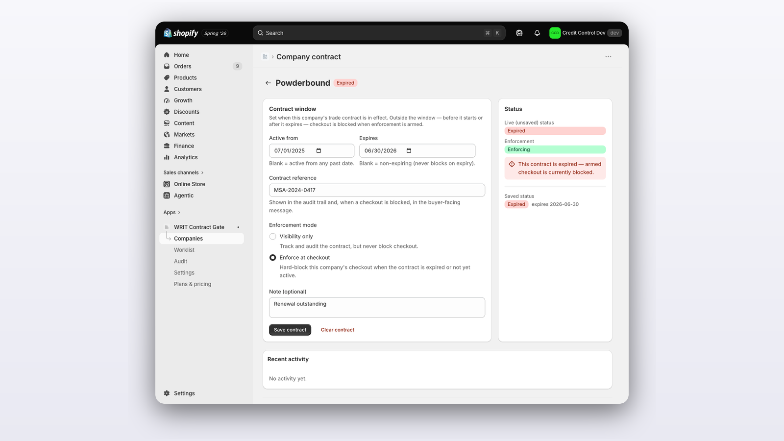 Contract exposure dashboard with active, expiring and expired B2