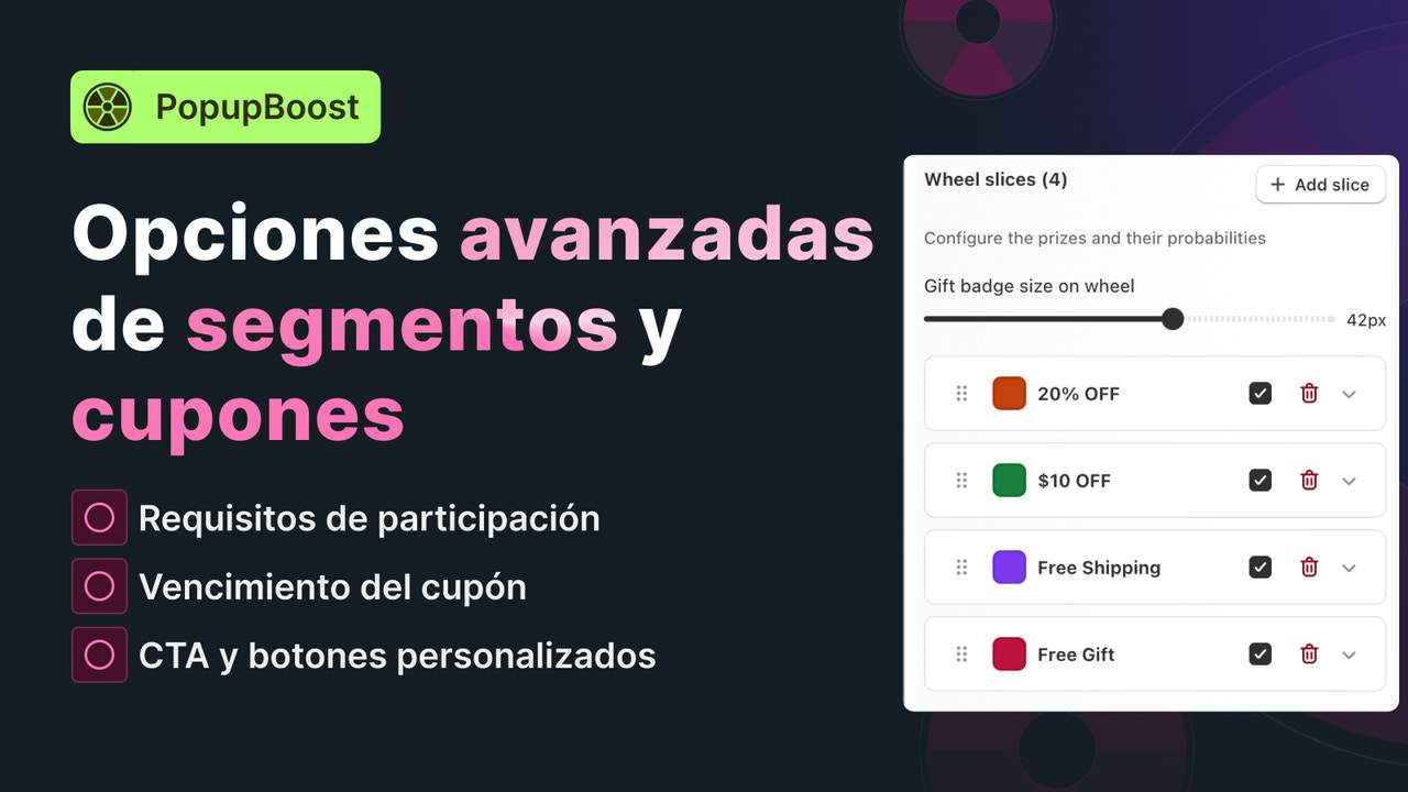 Opciones de segmentos y cupones para ruleta