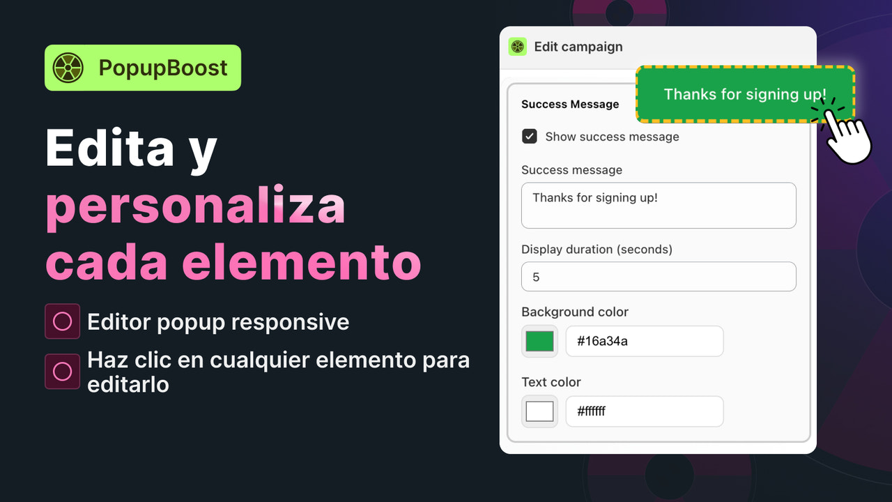 Editor para personalizar cada pop up descuento