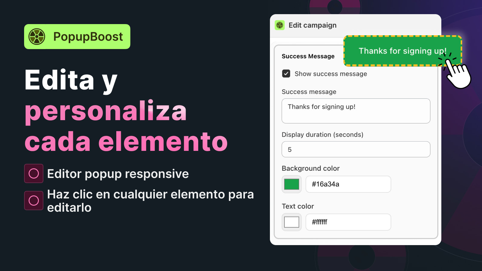 Editor para personalizar cada pop up descuento