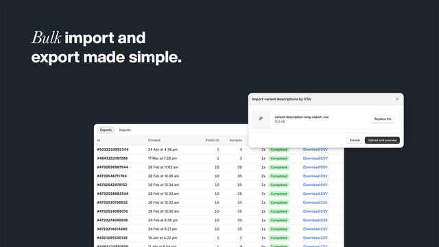 Admin view showing a bulk import/export table with CSV
