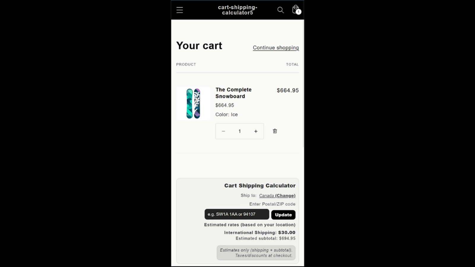 Mobile view showing Geo-IP estimated rates in cart.