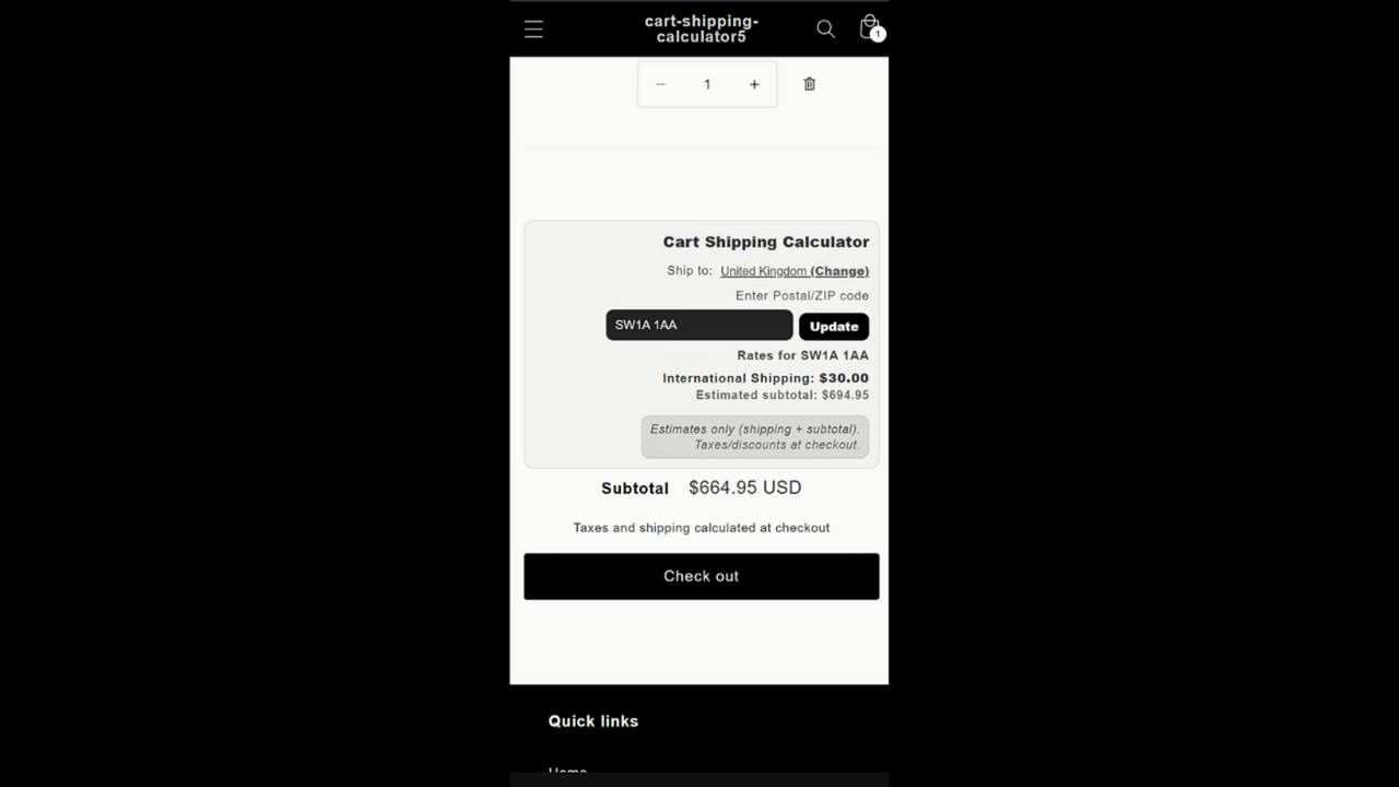 Mobile view showing international rates after postal code.
