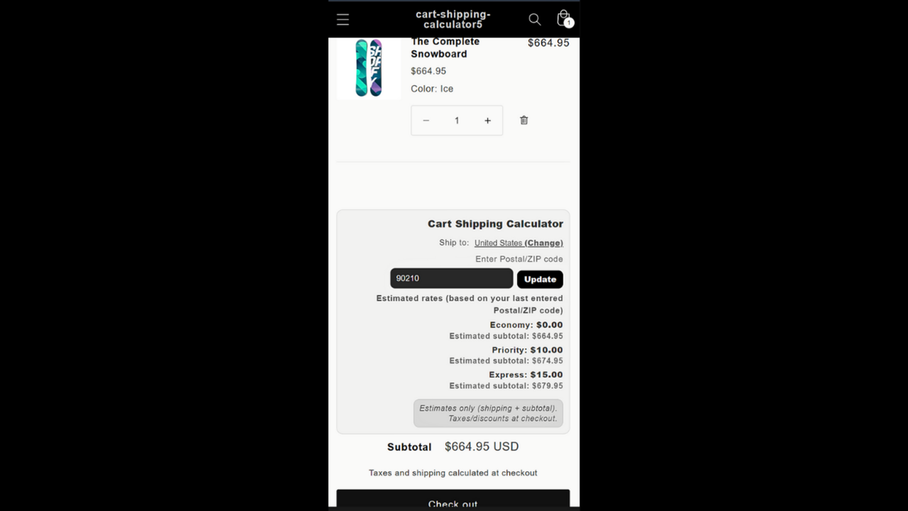 Mobile view showing cart shipping rates after ZIP entry.