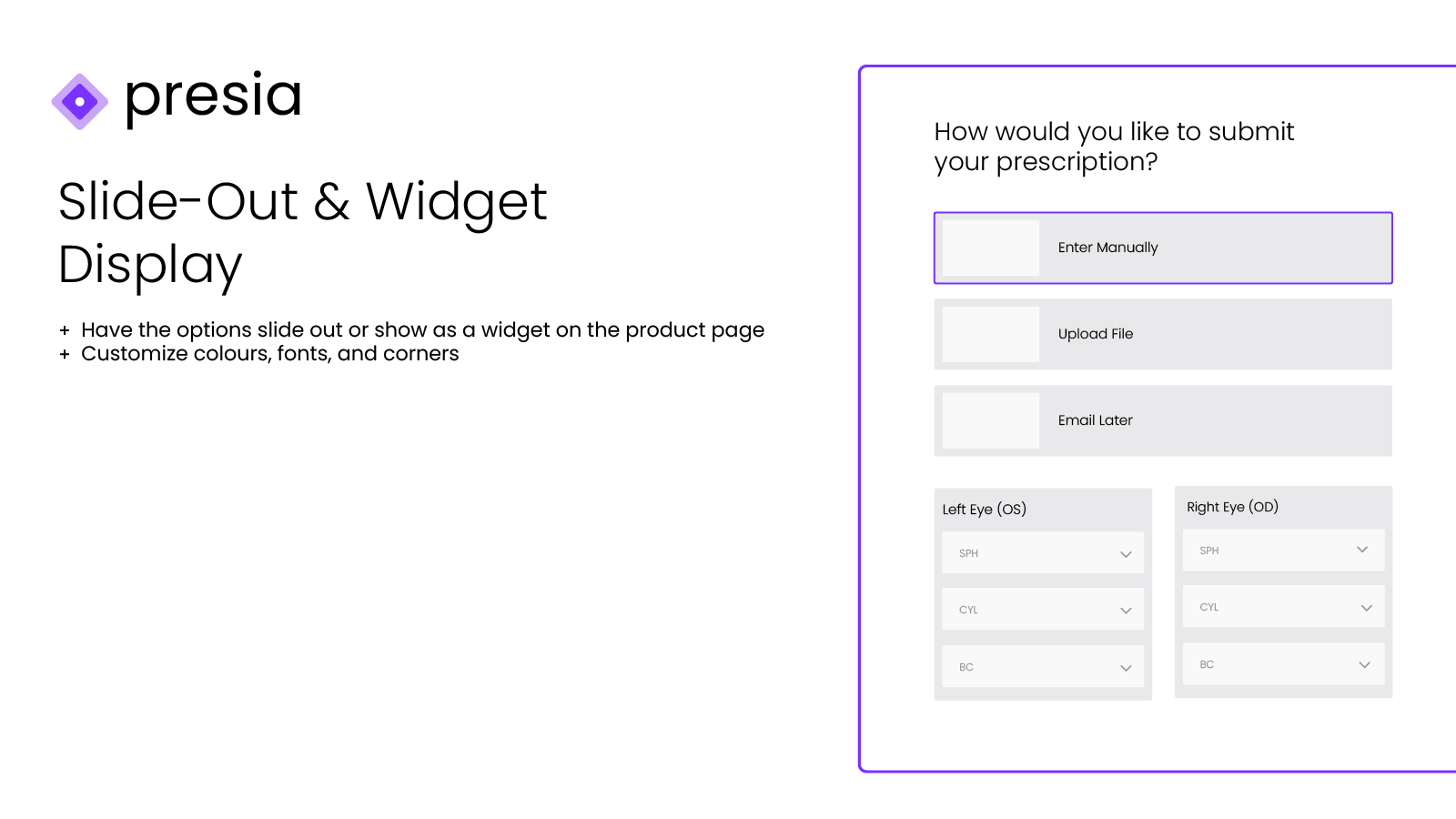 Widget and slide out display for lens customization