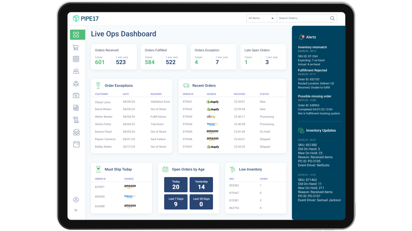 Live Ops Dashboard view of customer orders and inventory