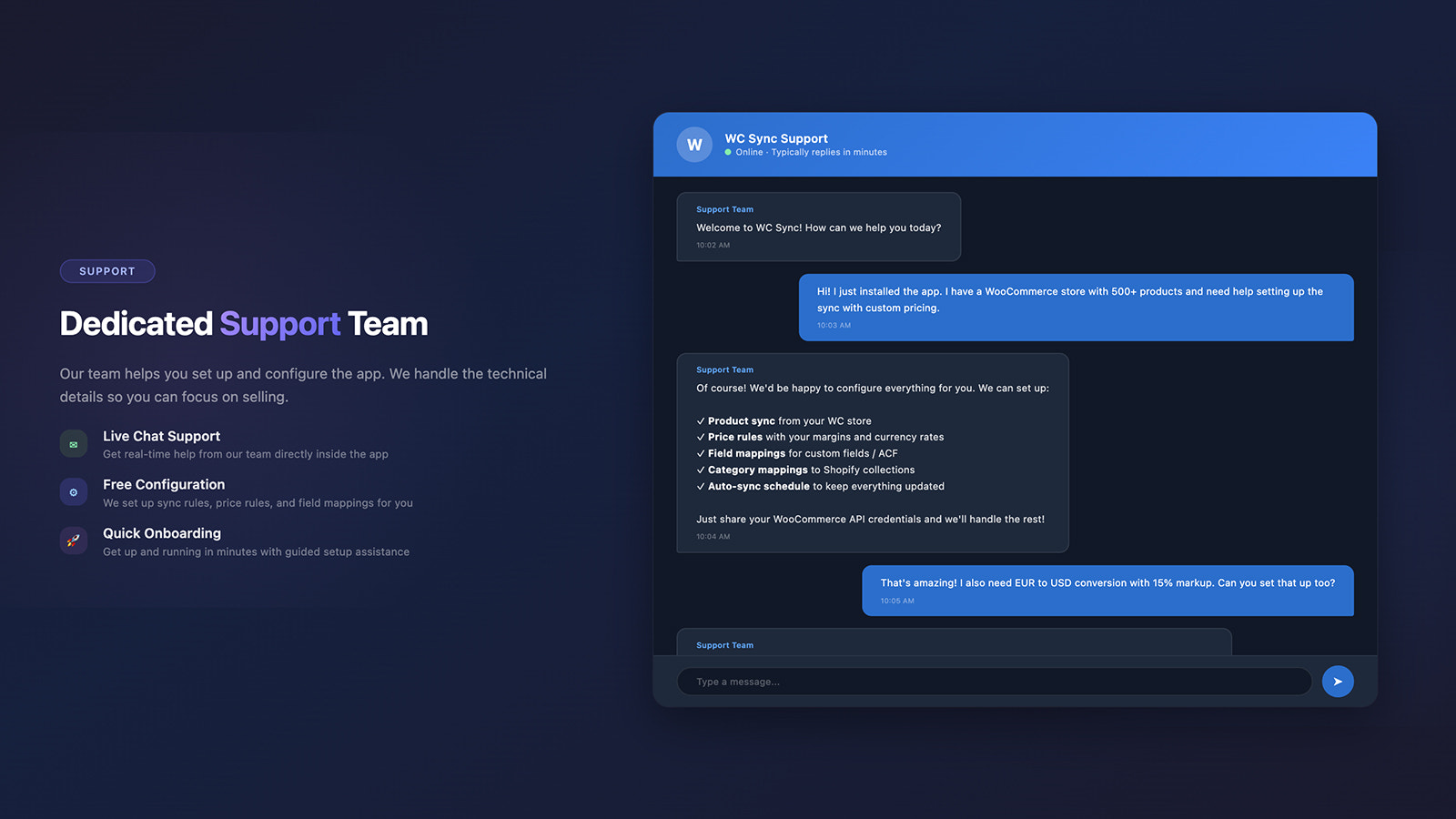 WooSync app support page with contact and help options