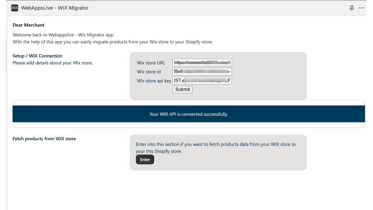 Webappslive - Wix Migrator - setup page
