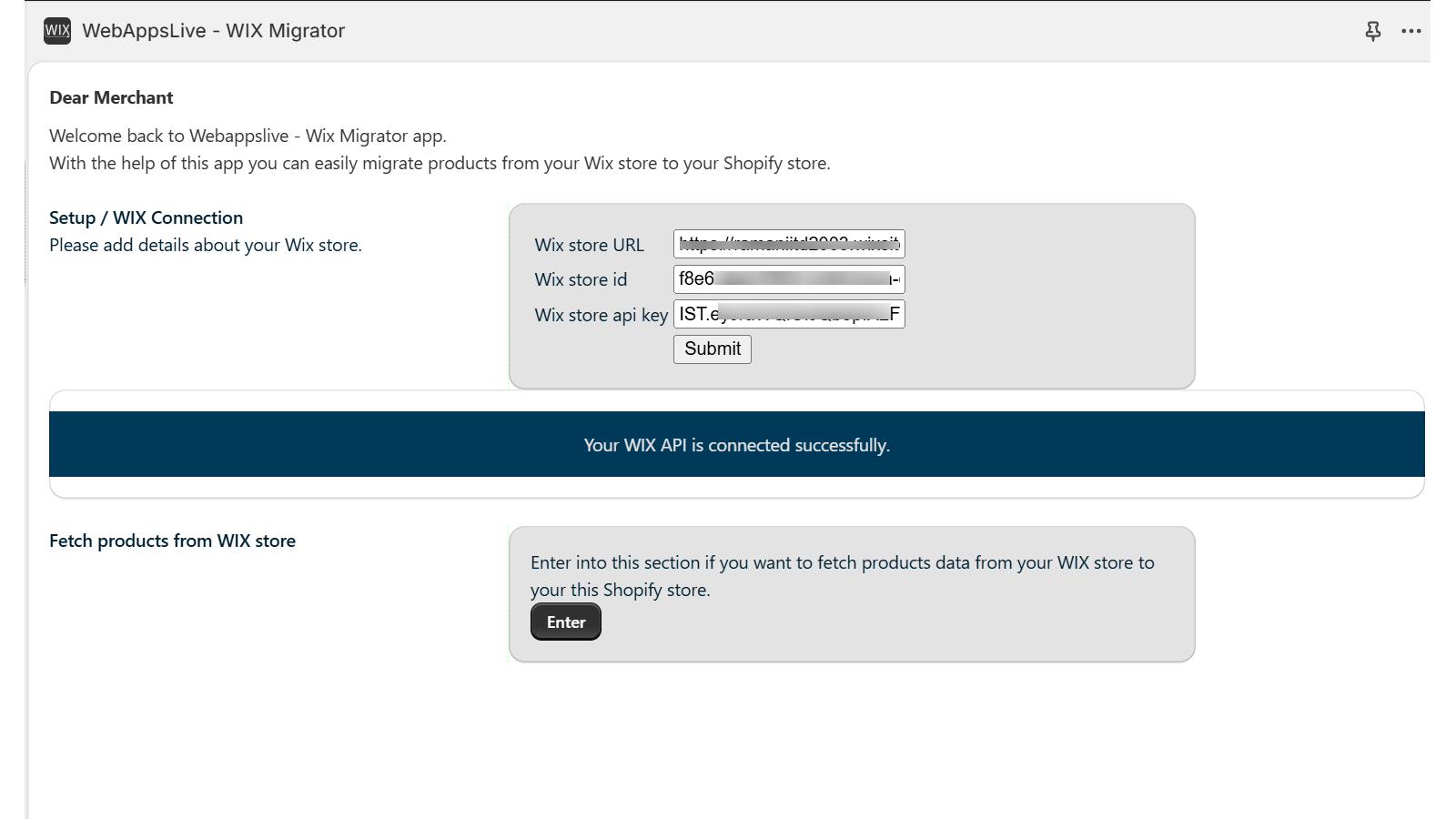 Webappslive - Wix Migrator - setup page