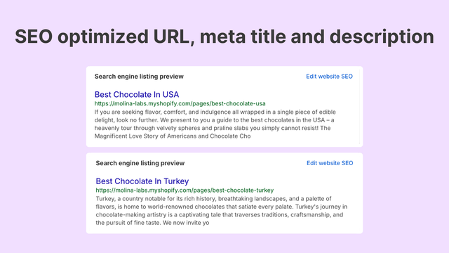 SEO optimized URLs, meta titles, descriptions