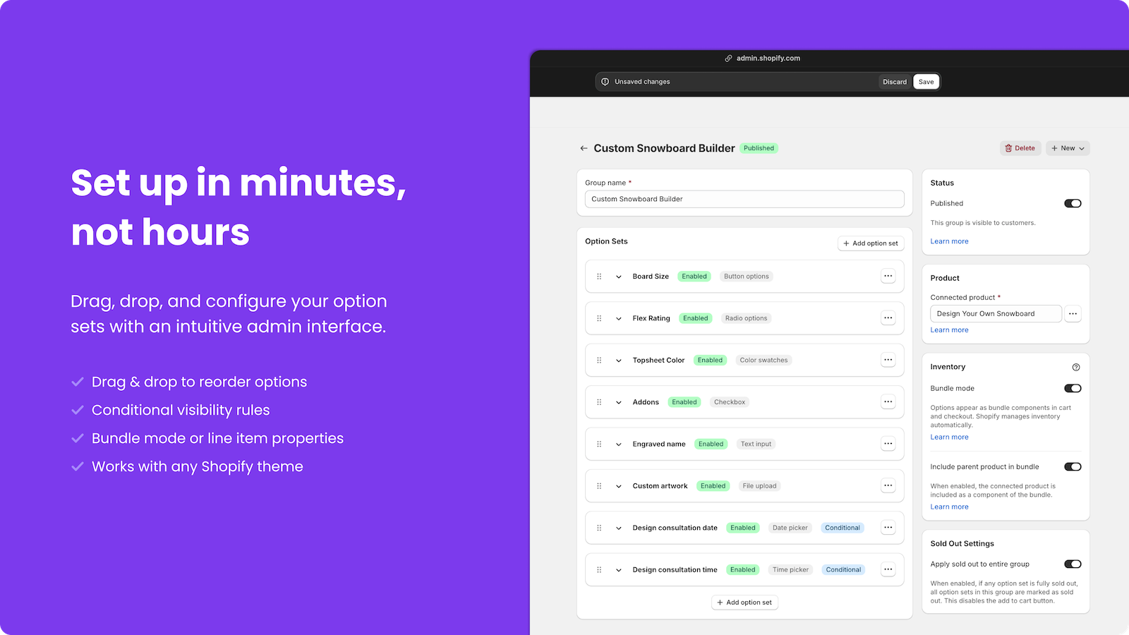 Optionfier admin with option sets and bundle settings