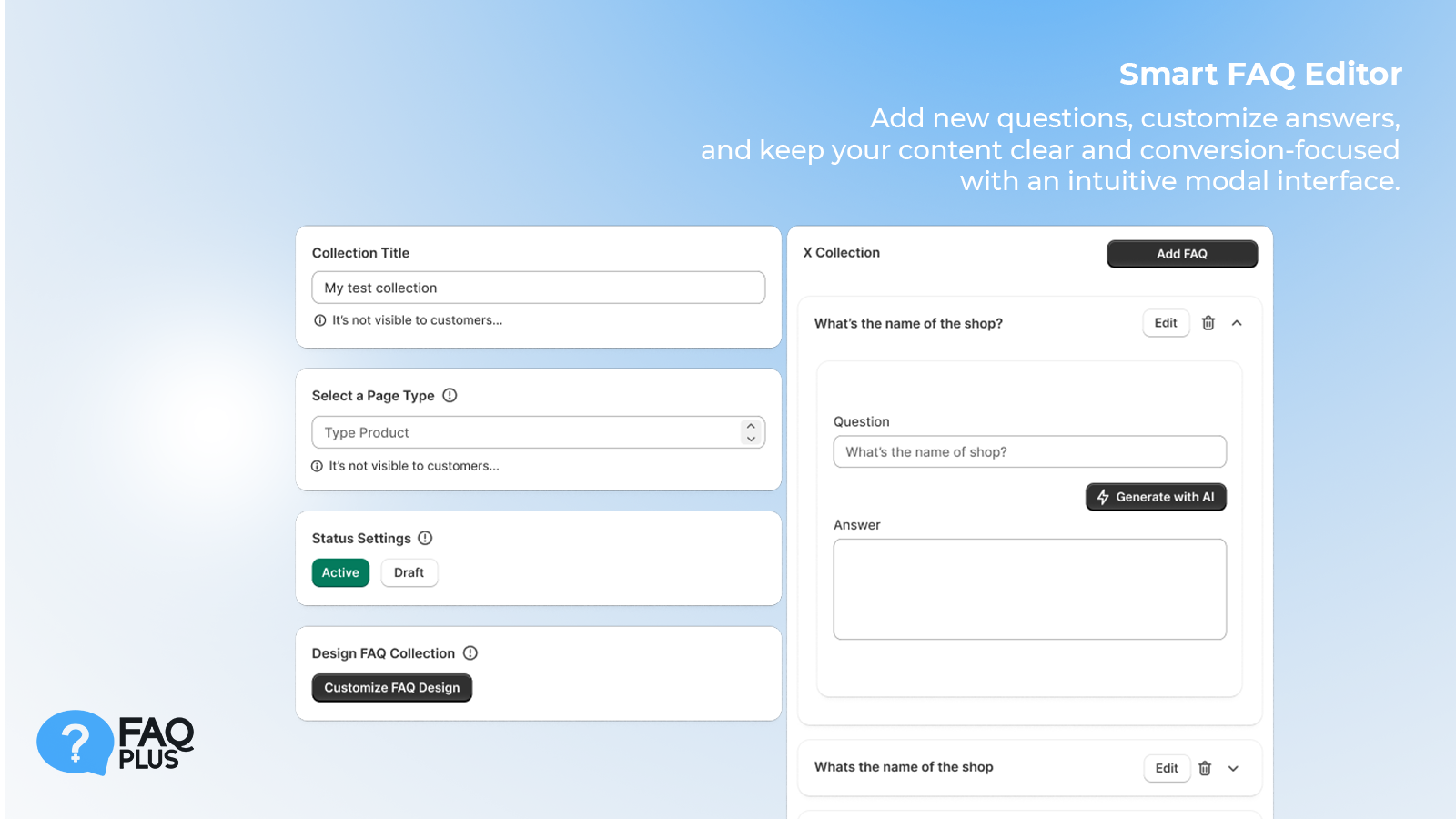 Smart FAQ Editor: Dashboard for editing questions and answers.
