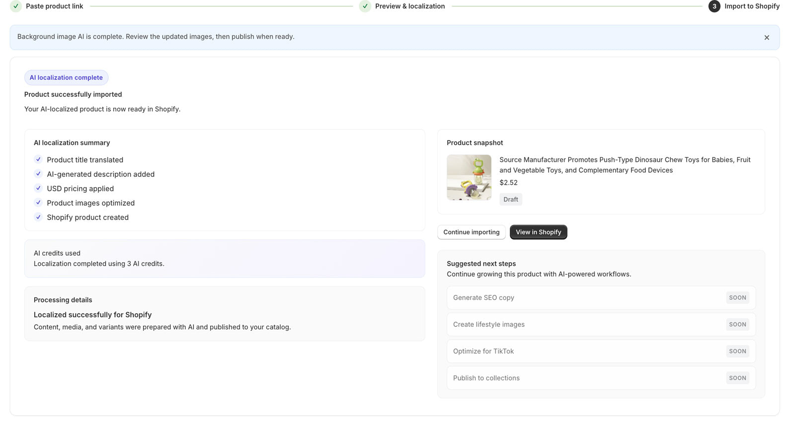 Success notification after importing product to Shopify.