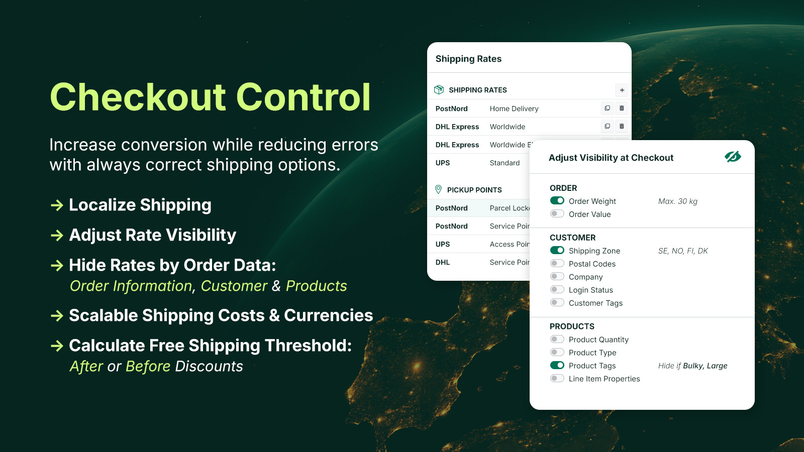 Checkout shipping rates: hide by weight, zone, product tags