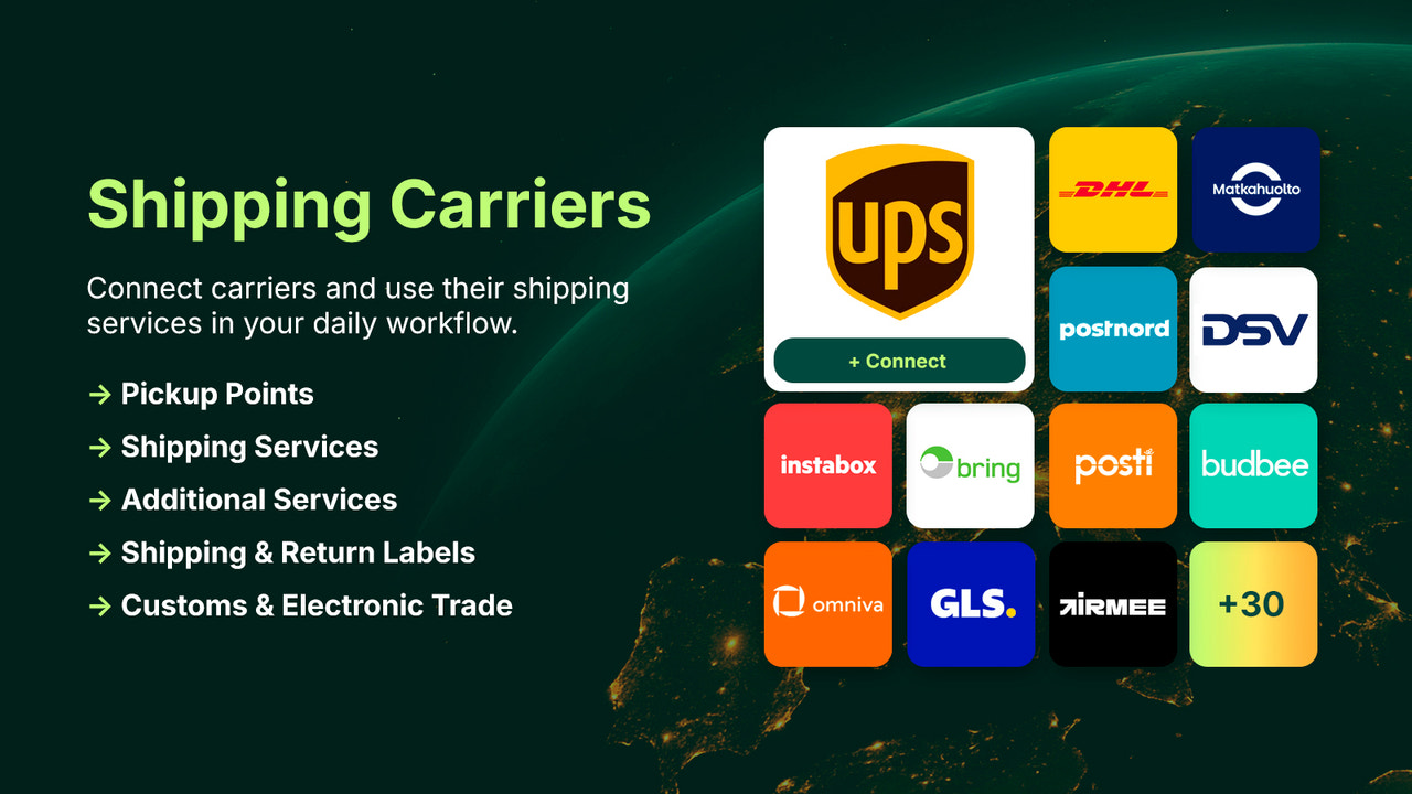 30+ carriers: UPS, DHL, PostNord, Bring, GLS, Budbee & more