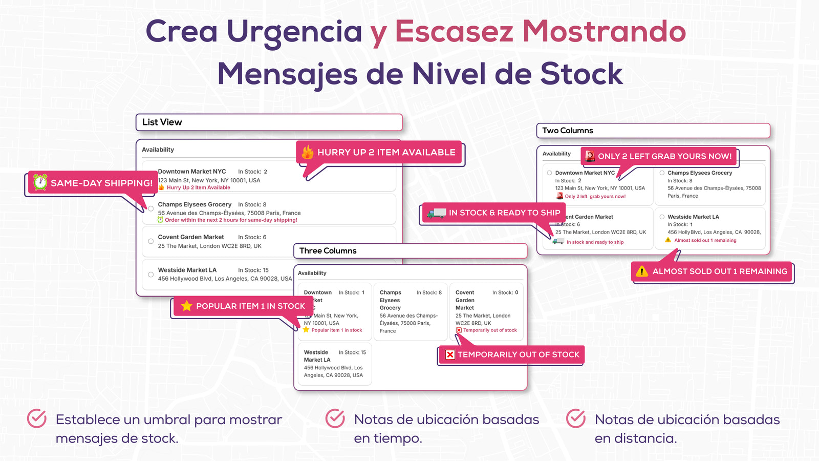Mensajes de alerta de stock bajo, cuenta regresiva de stock