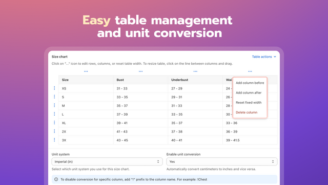 Easily manage size charts