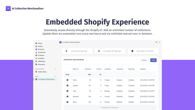 Embedded Shopify experience. Unlimited updates of product ranks