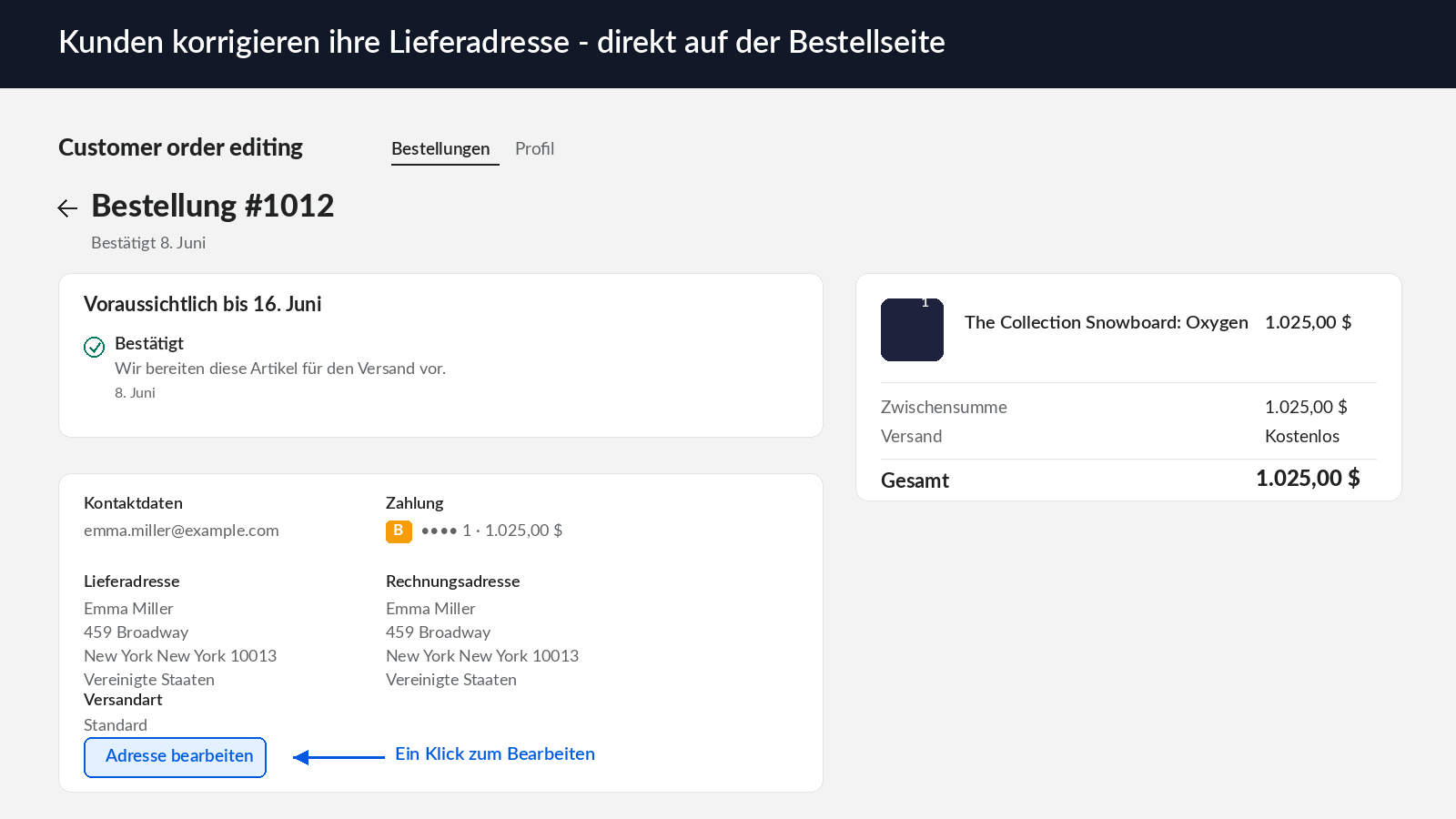 Bestellseite mit Schaltfläche zum Bearbeiten der Adresse
