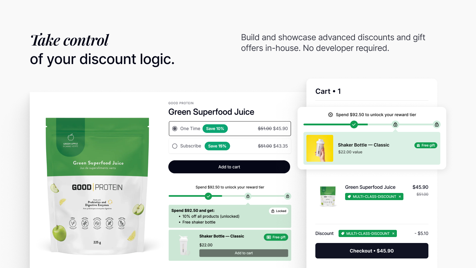 Shopify cart with tiered popup and banner for advanced discounts