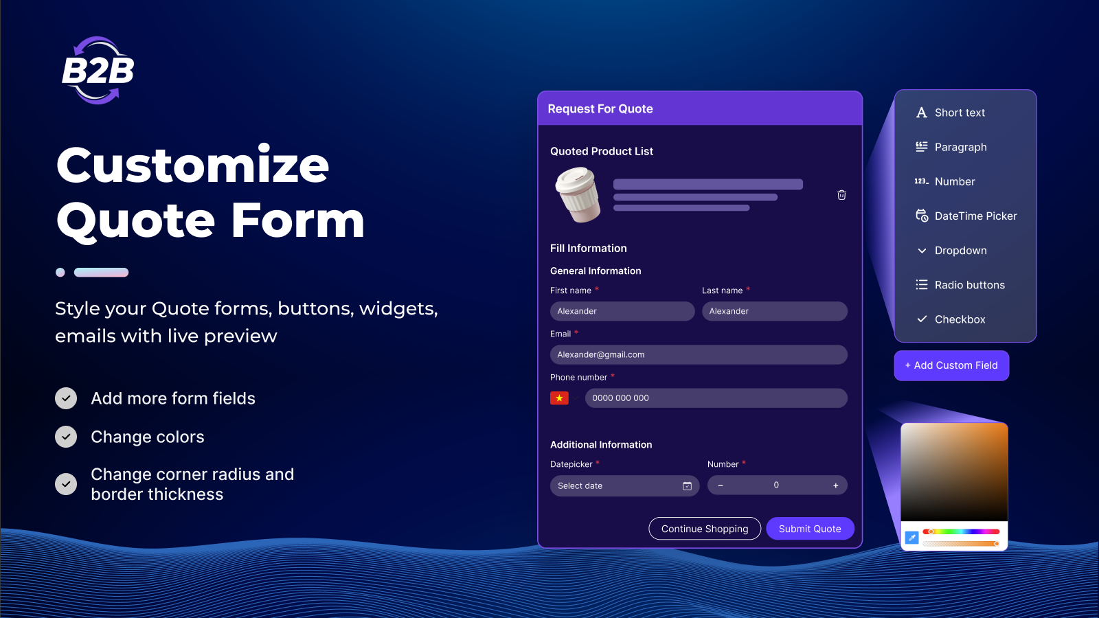 Style Quote forms, buttons, widgets, emails by colors, radius