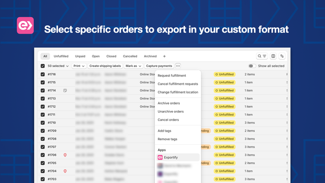 Select specific orders to export in your custom format