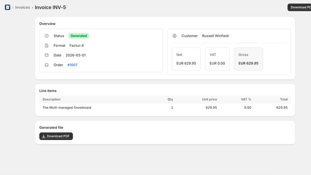 Invoice detail view showing line items and compliance status