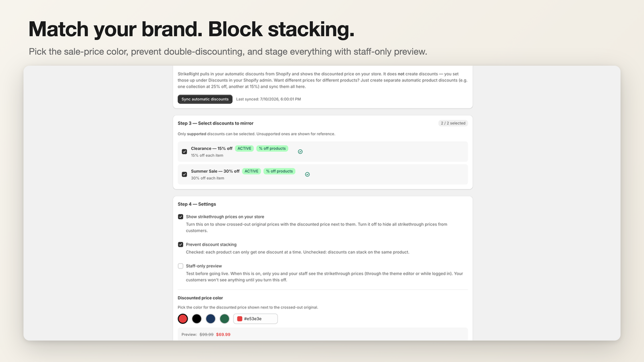 Settings for discount selection, stacking and sale price color