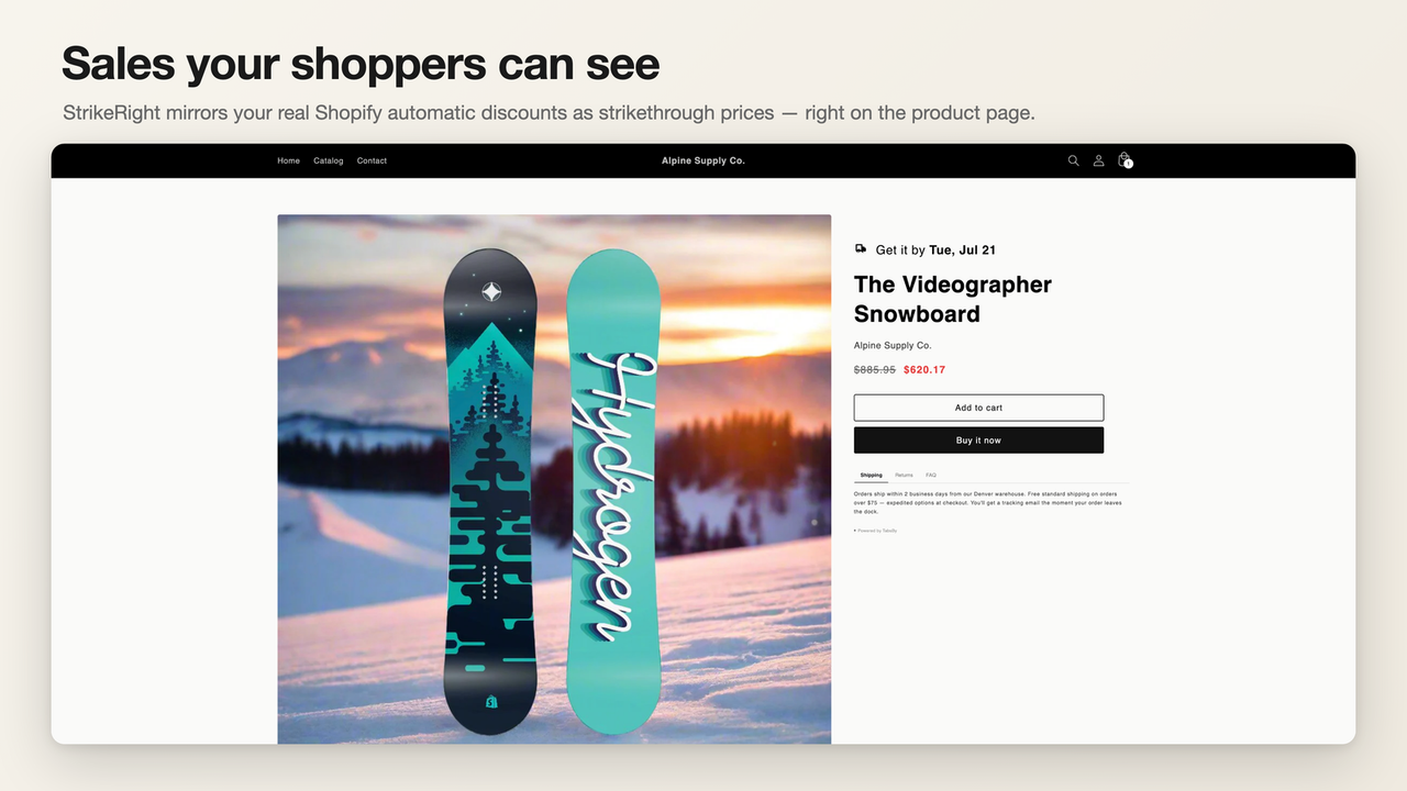 Real Shopify discount shown as strikethrough on a product page