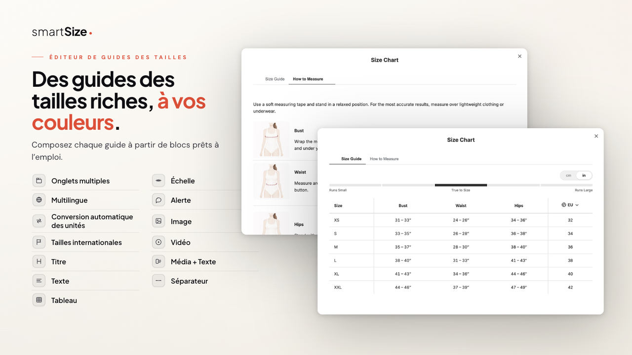 Guide des tailles Shopify à votre image, deux onglets