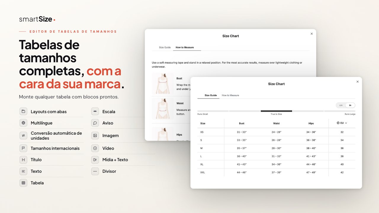 Tabela de tamanhos Shopify com a cara da marca, em abas