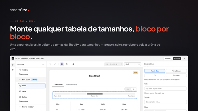 Editor de tabelas de tamanhos Shopify com blocos arrastáveis