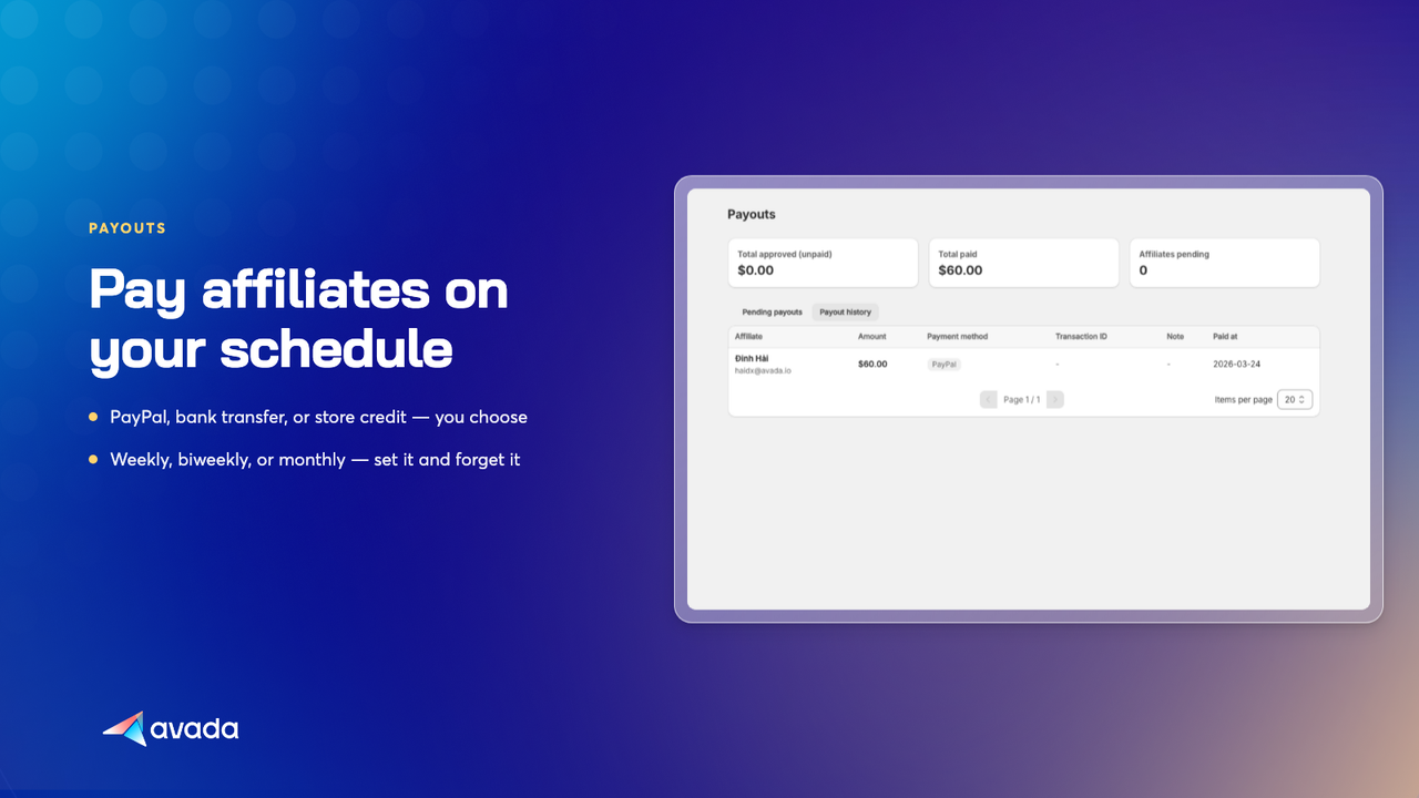 Payouts page with payment methods and schedule options