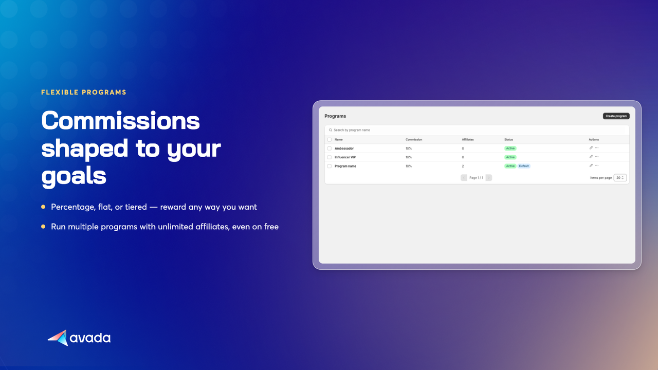 Programs page with flexible commission types and stats