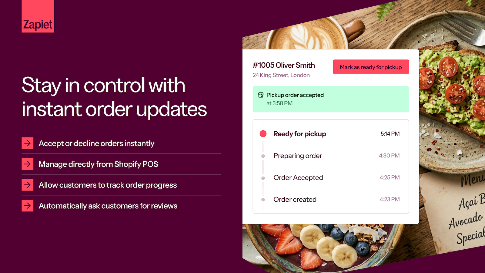 Customers order delivery or pickup — staff manage via POS