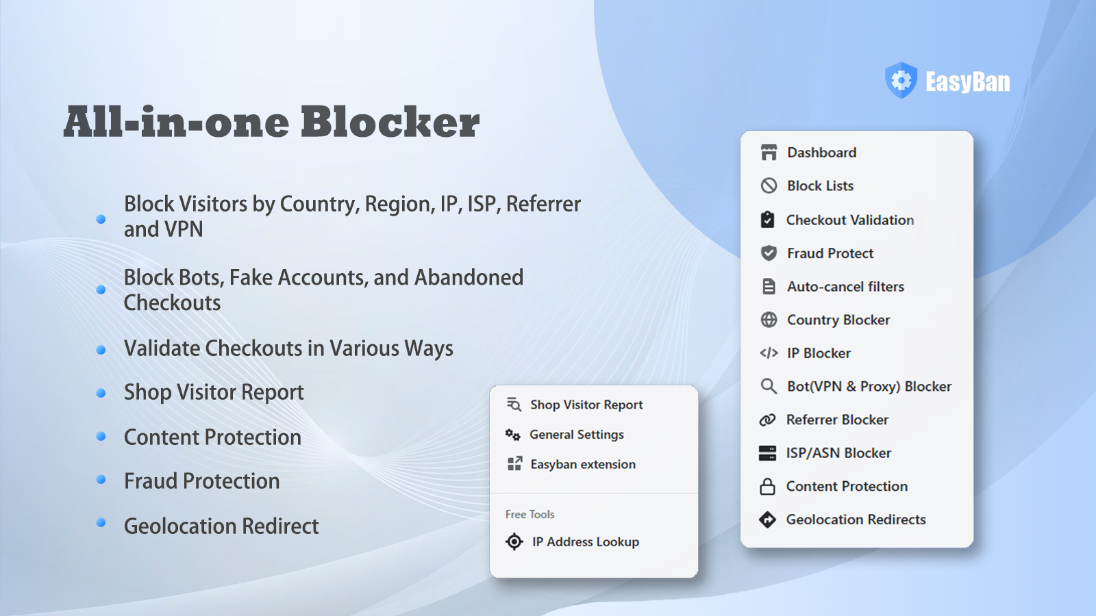 Country/City blocker, IP blocker, whitelist, VPN blocker
