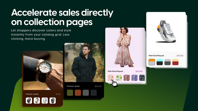Collection page grid with swatches below products to speed sales