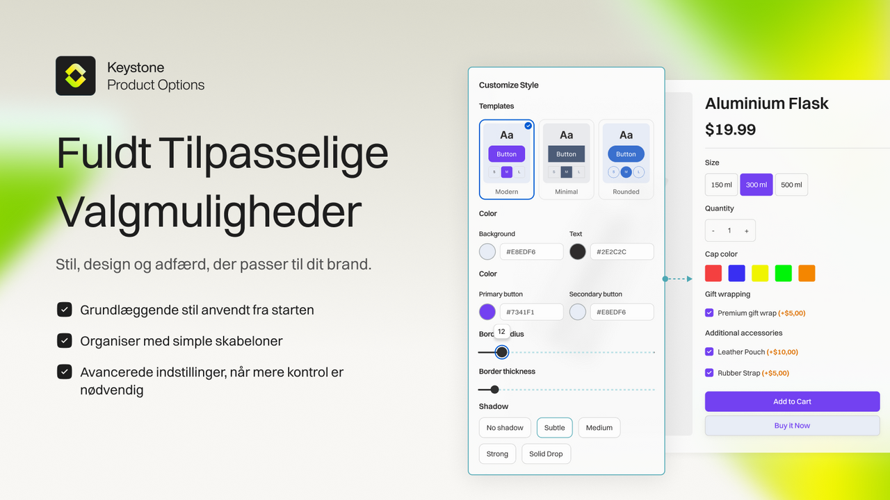 Fuldt tilpasselige produktmuligheder til Shopify