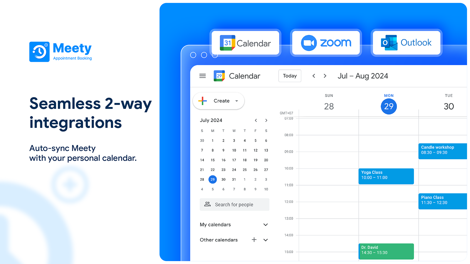 2-way integrations with Google Calendar, Outlook, Zoom