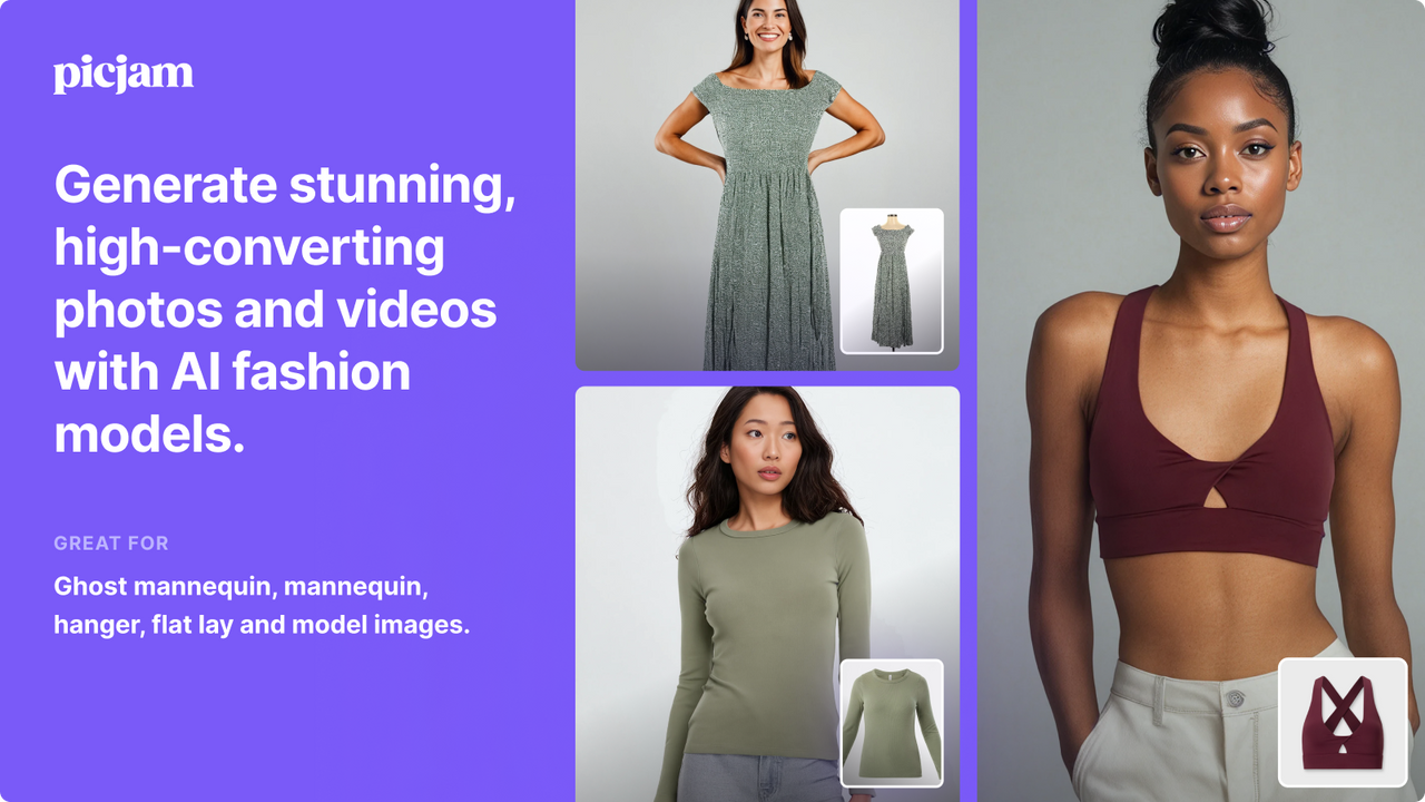 Generate AI fashion model photos and videos with Picjam.