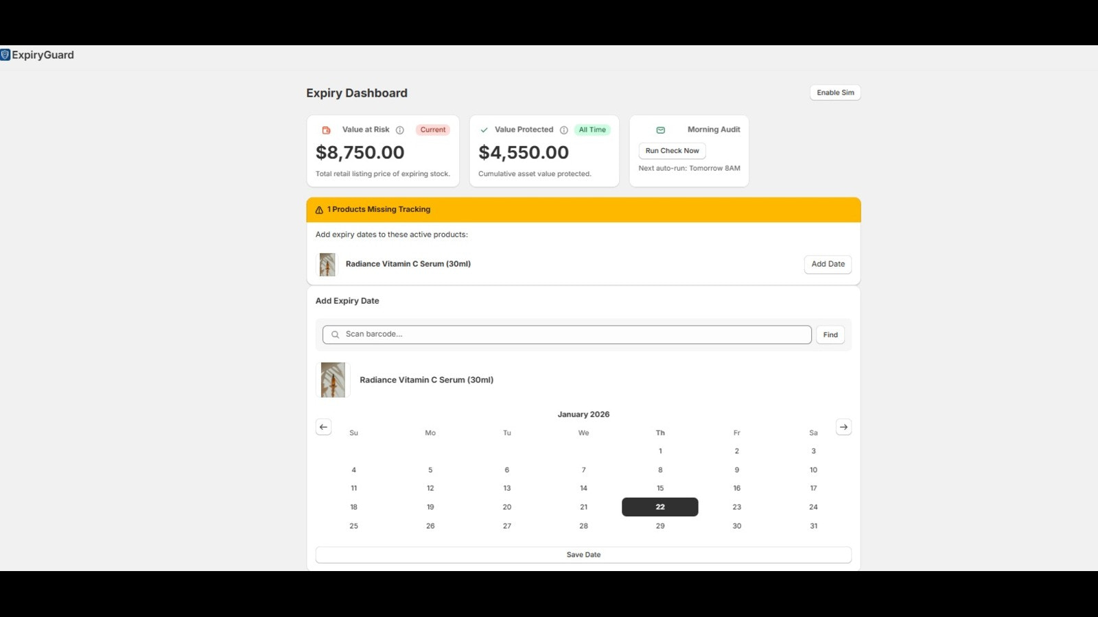 Simple date picker to track expiry dates without batch codes.