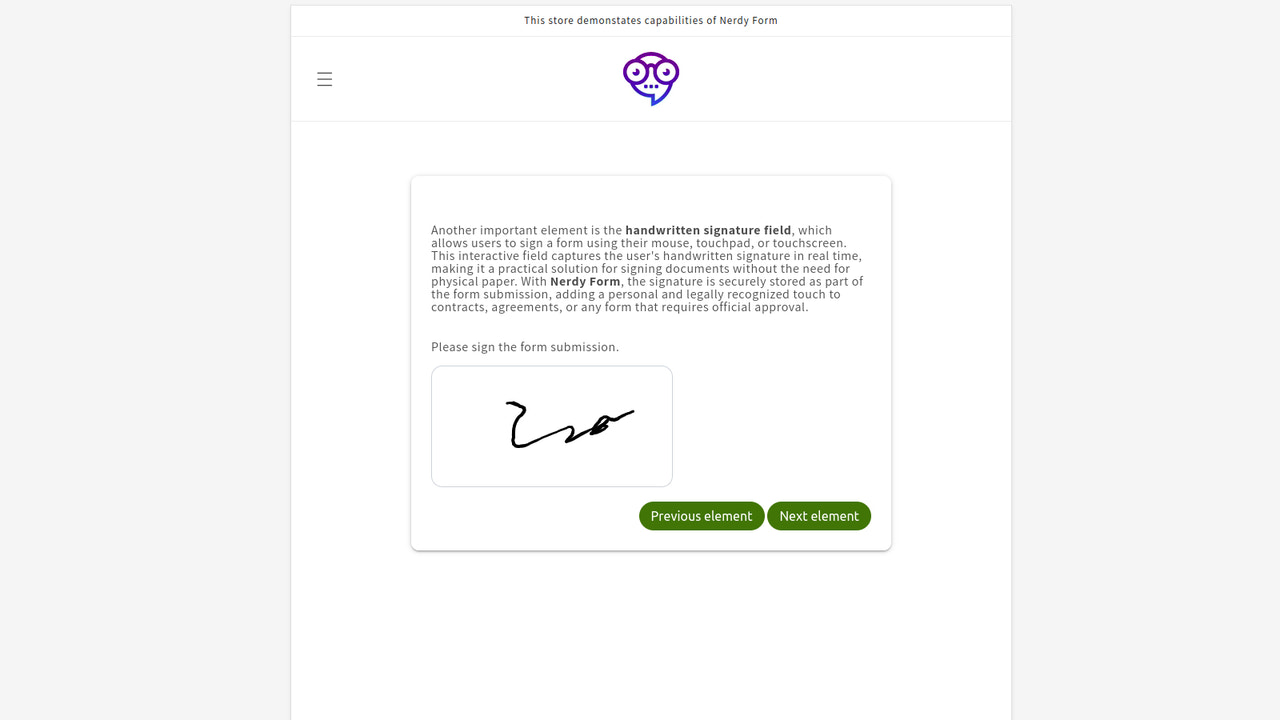 Signature element allows visitors to sign form submissions
