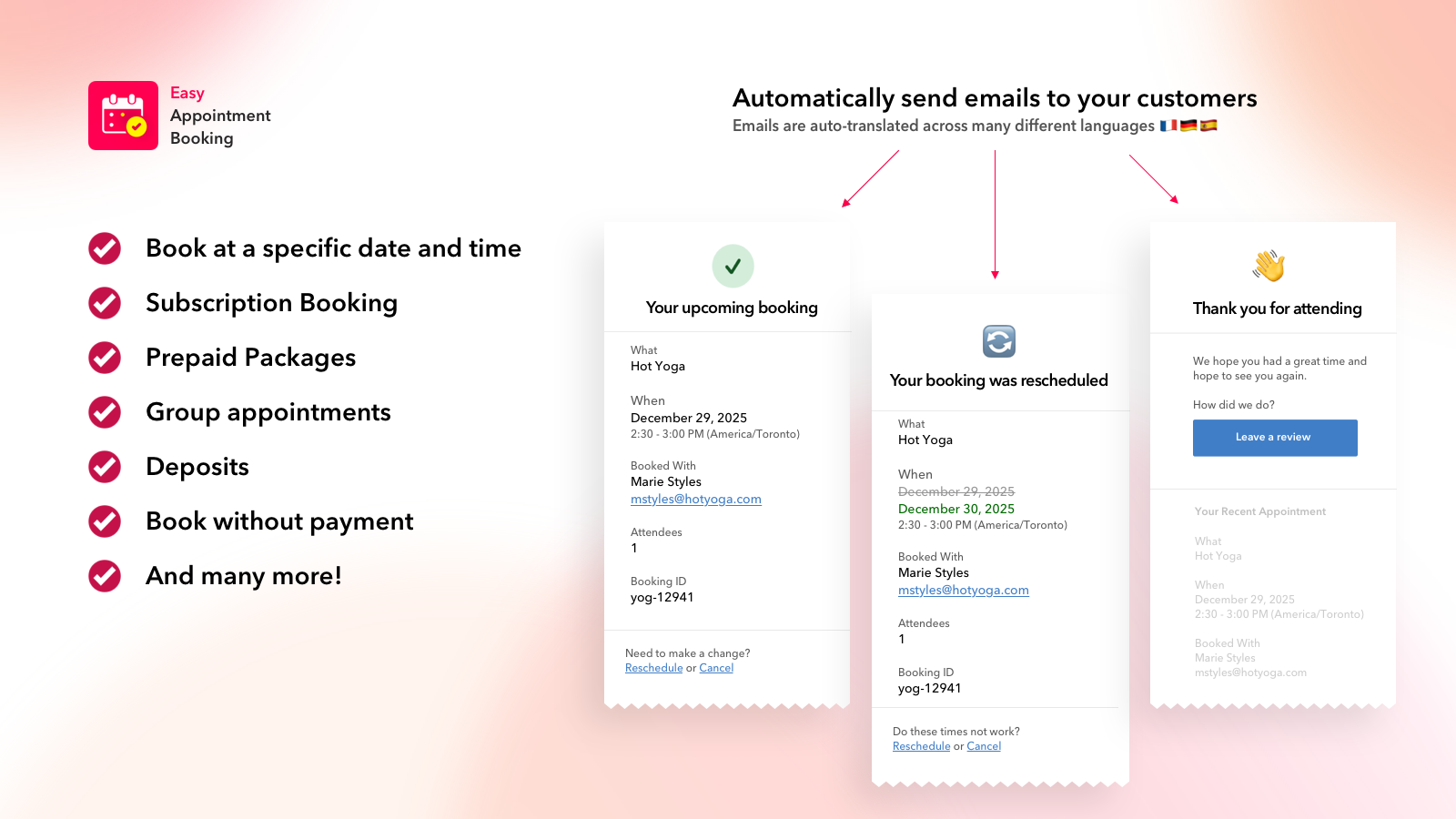 Sync booking app with google, zoom, outlook calendar, and more.