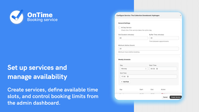 Booking widget on product page with date and time slots