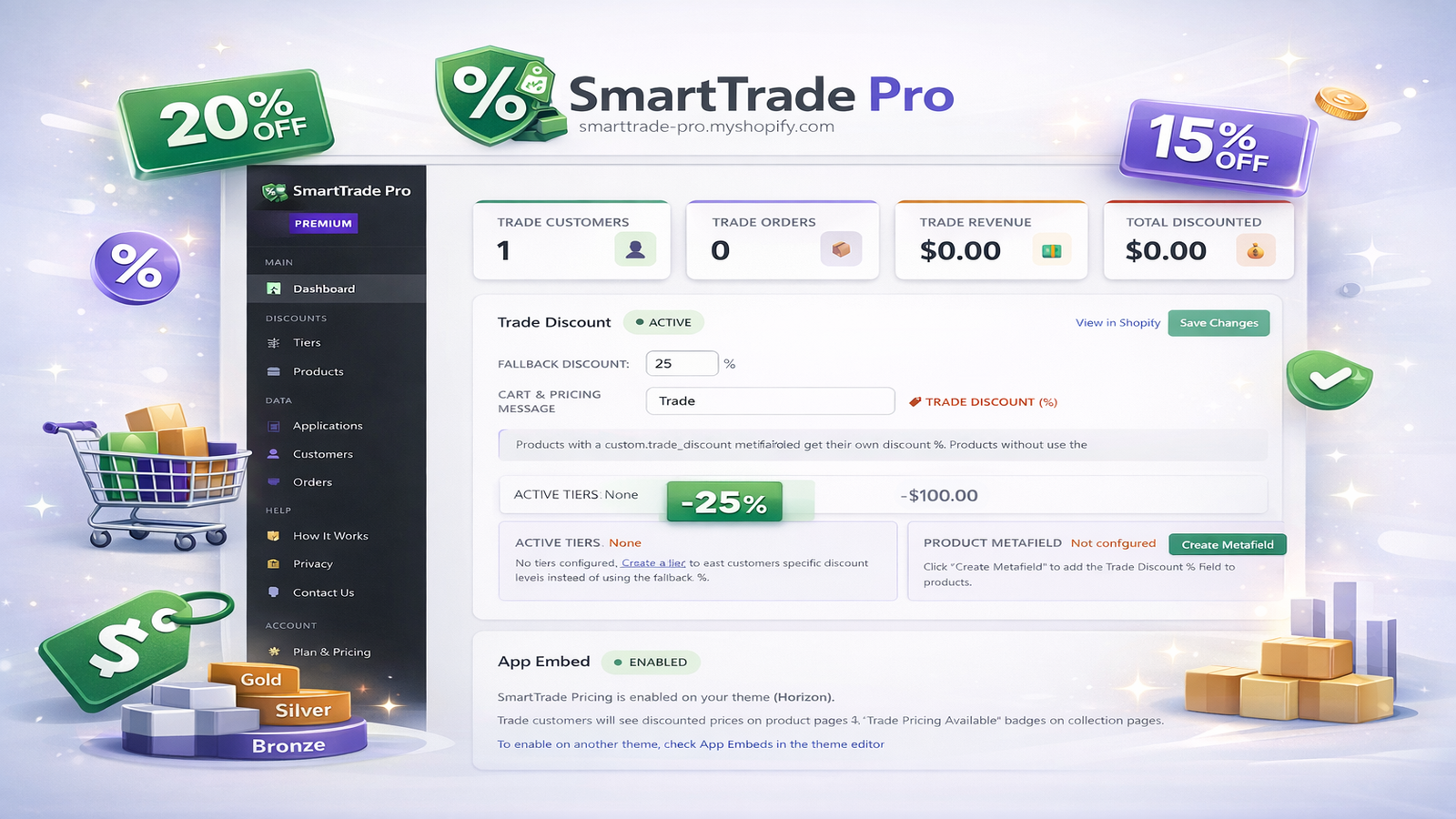 Premium dashboard with stats, tiers, and discount settings