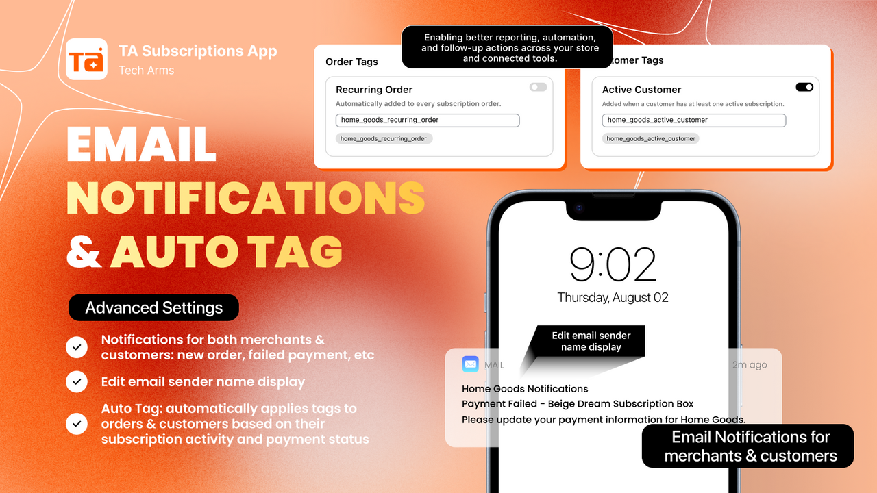 Notifications for merchants & customers, applies tags to orders 